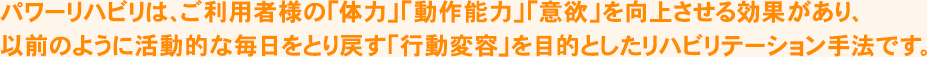 パワーリハビリは、ご利用者様の「体力」「動作能力」「意欲」を向上させる効果があり、以前のように活動的な毎日をとり戻す「行動変容」を目的としたリハビリテーション手法です。